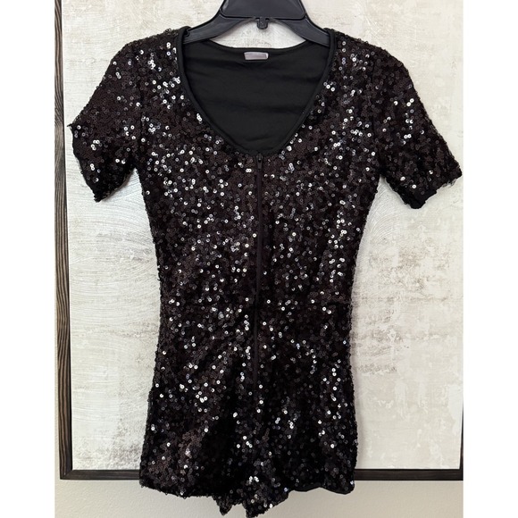 Spirit Halloween Womens Sz XS X-Small Sequin Romper Jumpsuit Black + Nude Tights - Picture 1 of 9